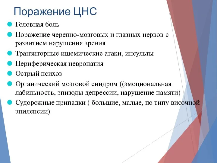 Поражение ЦНС Головная боль Поражение черепно-мозговых и глазных нервов с развитием нарушения