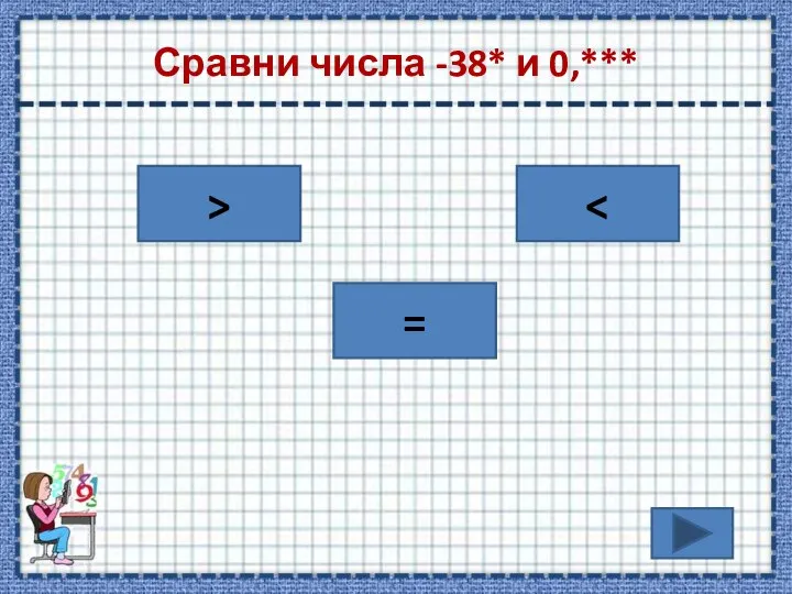 Сравни числа -38* и 0,*** = >