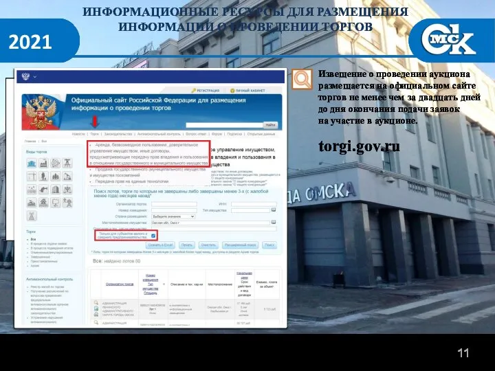 2021 ИНФОРМАЦИОННЫЕ РЕСУРСЫ ДЛЯ РАЗМЕЩЕНИЯ ИНФОРМАЦИИ О ПРОВЕДЕНИИ ТОРГОВ 11 Извещение о