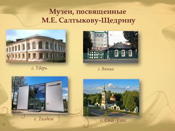 Музеи, посвященные М.Е. Салтыкову-Щедрину г. Тверь г. Вятка г. Талдом с. Спас-Угол