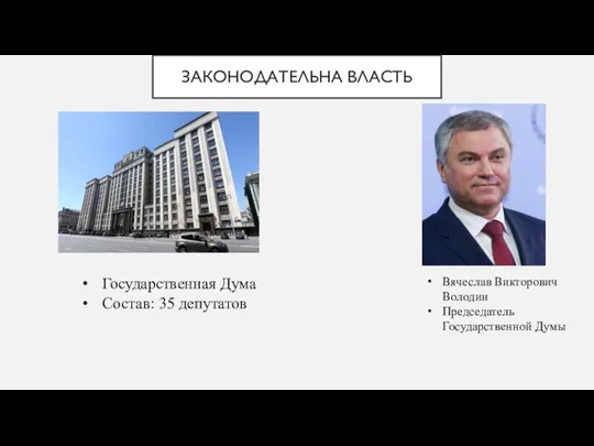 ЗАКОНОДАТЕЛЬНА ВЛАСТЬ Государственная Дума Состав: 35 депутатов Вячеслав Викторович Володин Председатель Государственной Думы