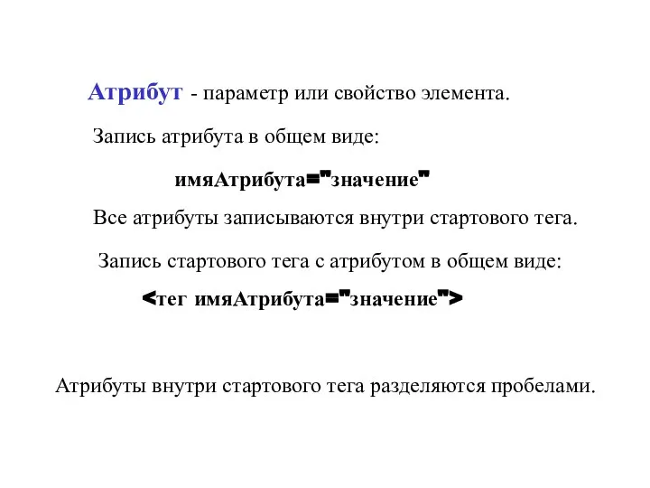 Атрибут - параметр или свойство элемента. Запись стартового тега с атрибутом в