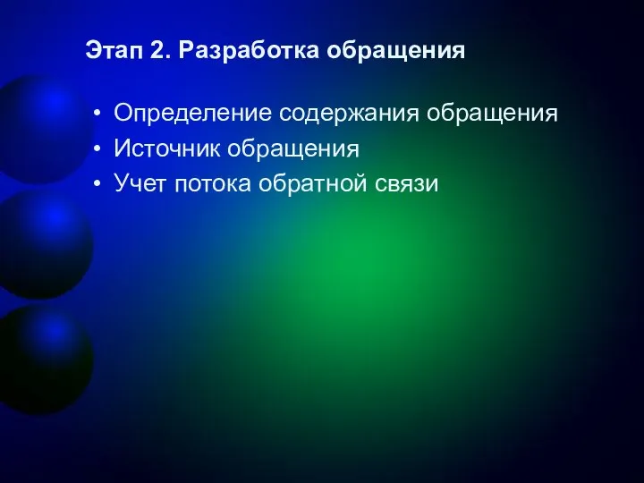 Этап 2. Разработка обращения Определение содержания обращения Источник обращения Учет потока обратной связи