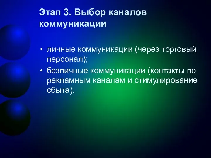 Этап 3. Выбор каналов коммуникации личные коммуникации (через торговый персонал); безличные коммуникации