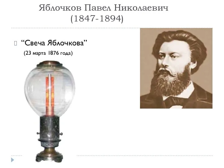 Яблочков Павел Николаевич (1847-1894) “Свеча Яблочкова” (23 марта 1876 года)