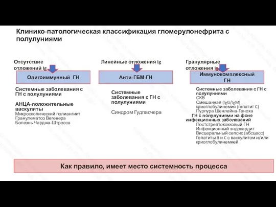 Отсутствие отложений Ig Линейные отложения Ig Гранулярные отложения Ig Олигоиммунный ГН Анти-ГБМ-ГН