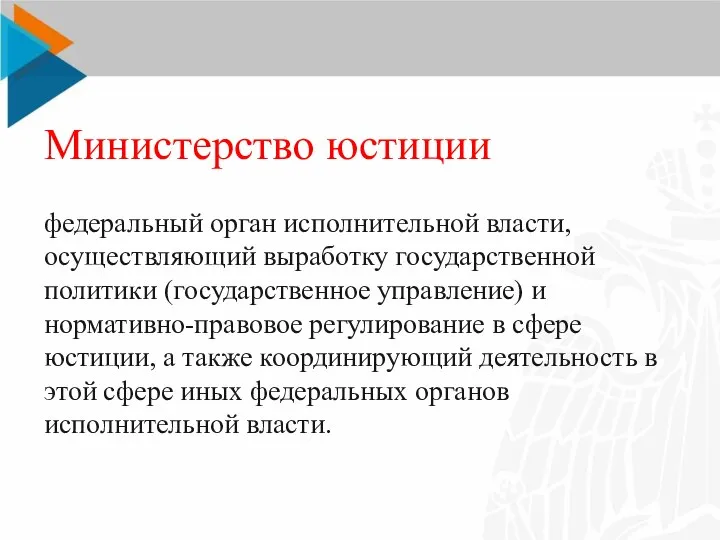 Министерство юстиции федеральный орган исполнительной власти, осуществляющий выработку государственной политики (государственное управление)