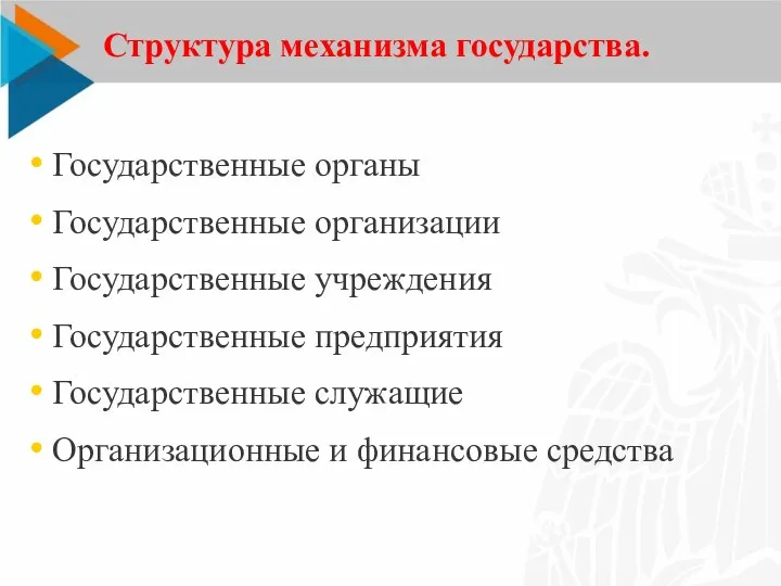 Структура механизма государства. Государственные органы Государственные организации Государственные учреждения Государственные предприятия Государственные