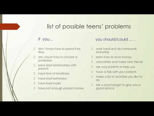 list of possible teens’ problems If you… don´t know how to spend