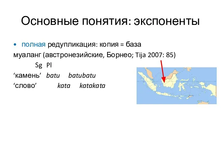 Основные понятия: экспоненты полная редупликация: копия = база муаланг (австронезийские, Борнео; Tija