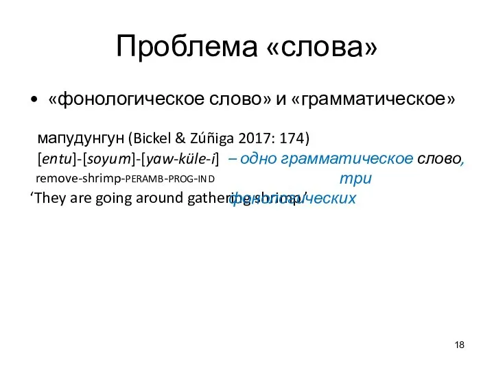 Проблема «слова» «фонологическое слово» и «грамматическое» мапудунгун (Bickel & Zúñiga 2017: 174)