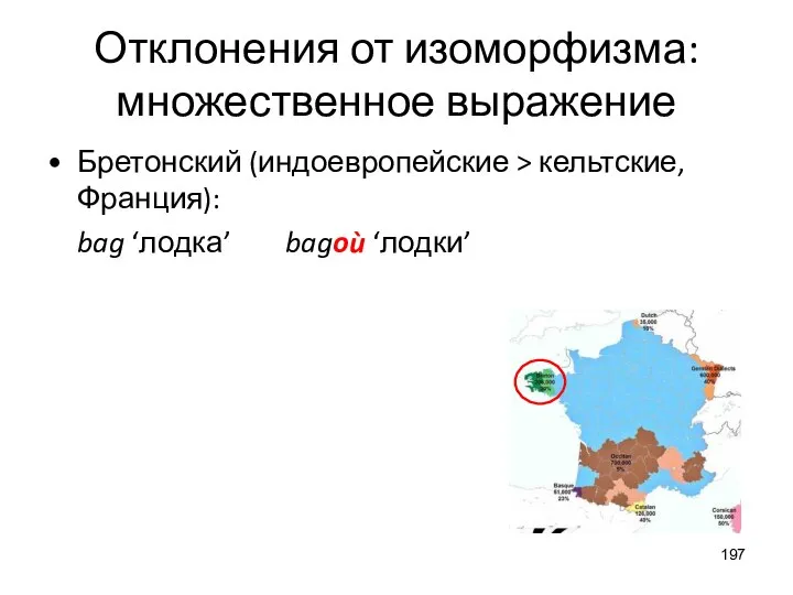 Отклонения от изоморфизма: множественное выражение Бретонский (индоевропейские > кельтские, Франция): bag ‘лодка’ bagoù ‘лодки’