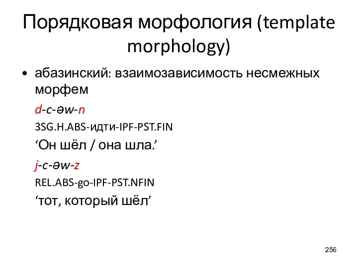 Порядковая морфология (template morphology) абазинский: взаимозависимость несмежных морфем d-c-əw-n 3SG.H.ABS-идти-IPF-PST.FIN ‘Он шёл