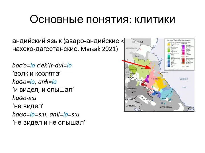 Основные понятия: клитики андийский язык (аваро-андийские boc’o=lo c’ek’ir-dul=lo ‘волк и козлята’ haɢo=lo,