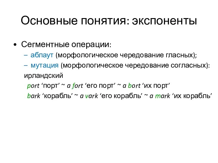 Основные понятия: экспоненты Сегментные операции: аблаут (морфологическое чередование гласных); мутация (морфологическое чередование