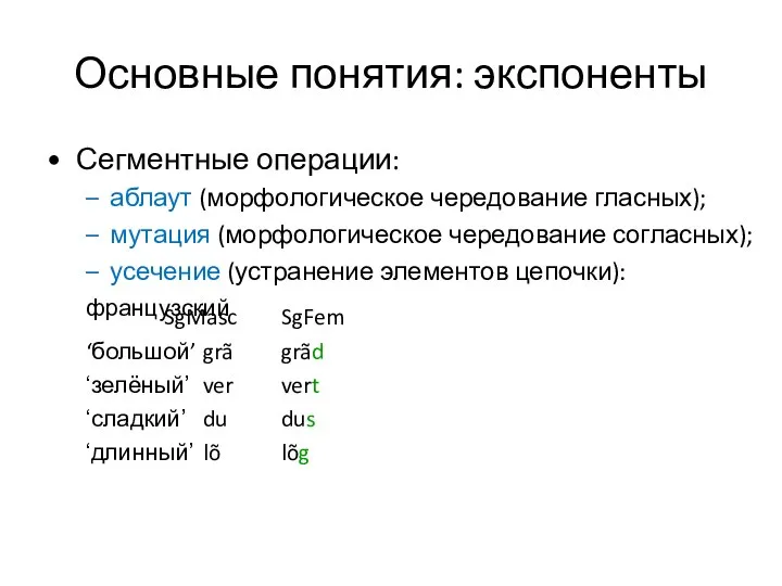 Основные понятия: экспоненты Сегментные операции: аблаут (морфологическое чередование гласных); мутация (морфологическое чередование