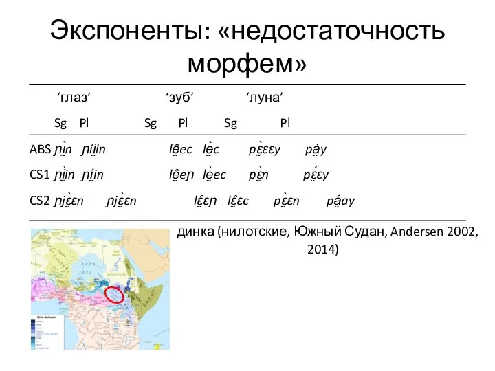 Экспоненты: «недостаточность морфем» ‘глаз’ ‘зуб’ ‘луна’ Sg Pl Sg Pl Sg Pl