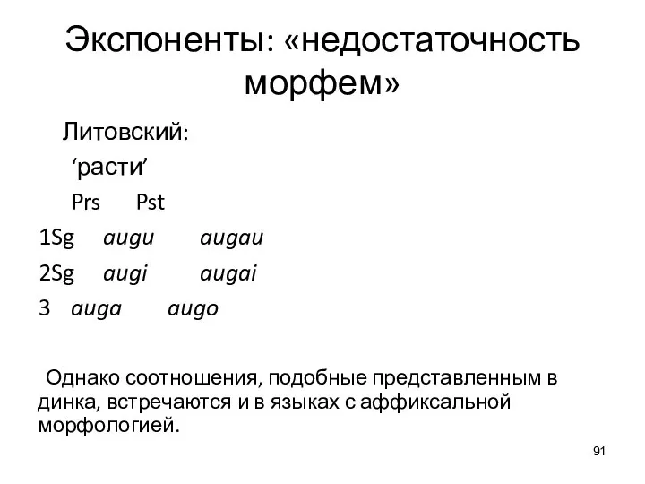 Экспоненты: «недостаточность морфем» Литовский: ‘расти’ Prs Pst 1Sg augu augau 2Sg augi