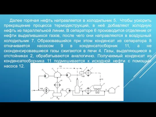 Далее горячая нефть направляется в холодильник 5. Чтобы ускорить прекращение процесса термодеструкций,