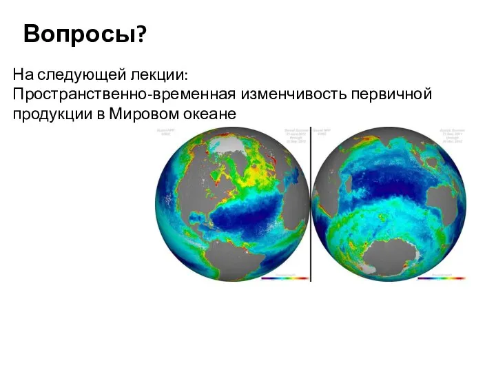 На следующей лекции: Пространственно-временная изменчивость первичной продукции в Мировом океане Вопросы?