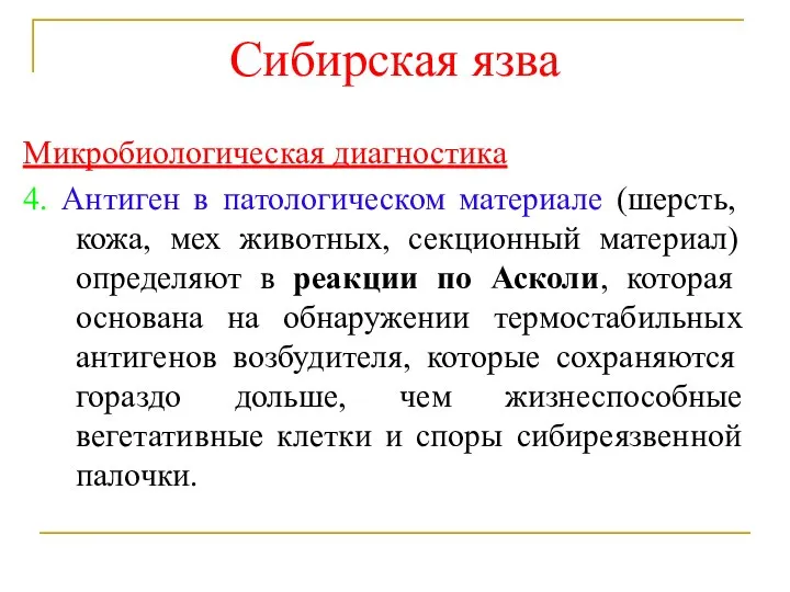 Сибирская язва Микробиологическая диагностика 4. Антиген в патологическом материале (шерсть, кожа, мех