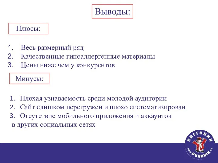 Выводы: Весь размерный ряд Качественные гипоаллергенные материалы Цены ниже чем у конкурентов