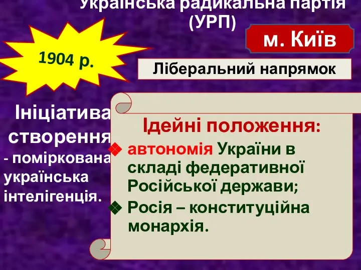 Українська радикальна партія (УРП) 1904 р. Ініціатива створення: - поміркована українська інтелігенція.