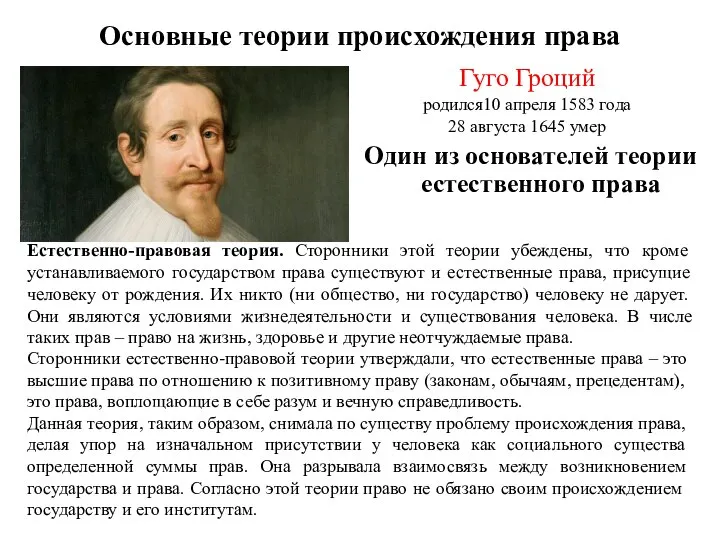 Основные теории происхождения права Гуго Гроций родился10 апреля 1583 года 28 августа