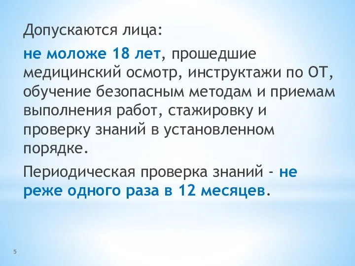 Допускаются лица: не моложе 18 лет, прошедшие медицинский осмотр, инструктажи по ОТ,