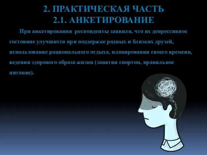 2. ПРАКТИЧЕСКАЯ ЧАСТЬ 2.1. АНКЕТИРОВАНИЕ При анкетировании респонденты заявили, что их депрессивное