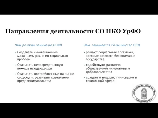 Направления деятельности СО НКО УрФО Чем должны заниматься НКО Создавать инновационные механизмы