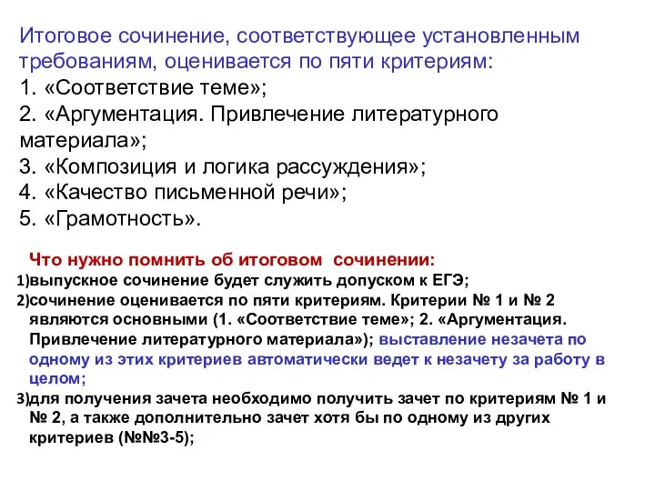 Итоговое сочинение, соответствующее установленным требованиям, оценивается по пяти критериям: 1. «Соответствие теме»;