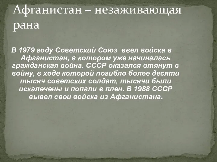 Афганистан – незаживающая рана В 1979 году Советский Союз ввел войска в