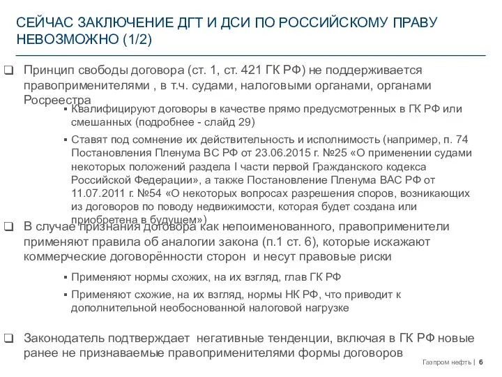 СЕЙЧАС ЗАКЛЮЧЕНИЕ ДГТ И ДСИ ПО РОССИЙСКОМУ ПРАВУ НЕВОЗМОЖНО (1/2) Принцип свободы