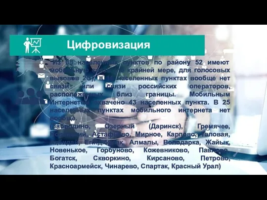 Из 68 населенных пунктов по району 52 имеют мобильную связь (по крайней