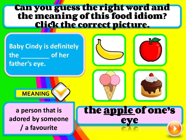 Baby Cindy is definitely the ________ of her father’s eye. the apple