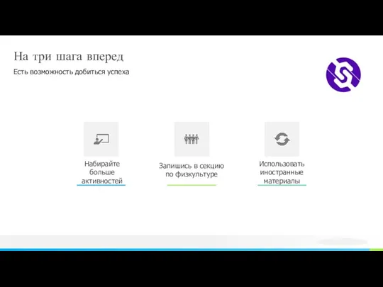 На три шага вперед Есть возможность добиться успеха Набирайте больше активностей Запишись