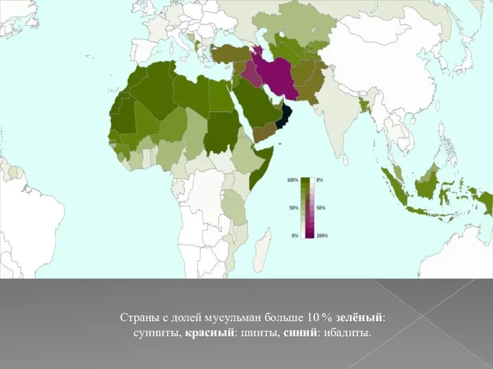 Страны с долей мусульман больше 10 % зелёный: сунниты, красный: шииты, синий: ибадиты.