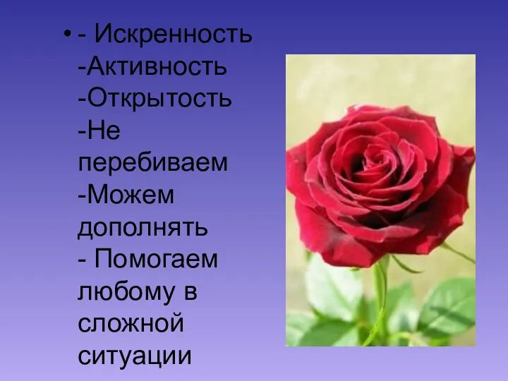 - Искренность -Активность -Открытость -Не перебиваем -Можем дополнять - Помогаем любому в сложной ситуации