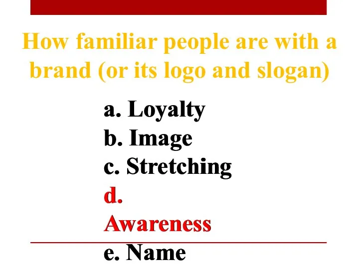 a. Loyalty b. Image c. Stretching d. Awareness e. Name How familiar