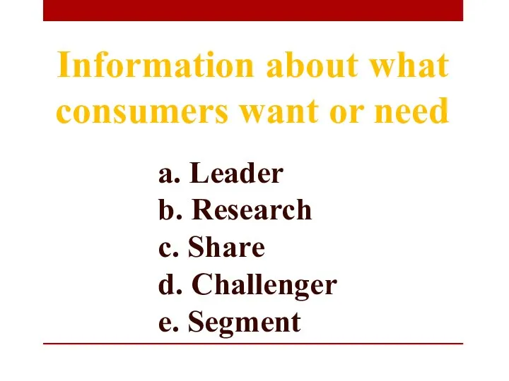 a. Leader b. Research c. Share d. Challenger e. Segment Information about