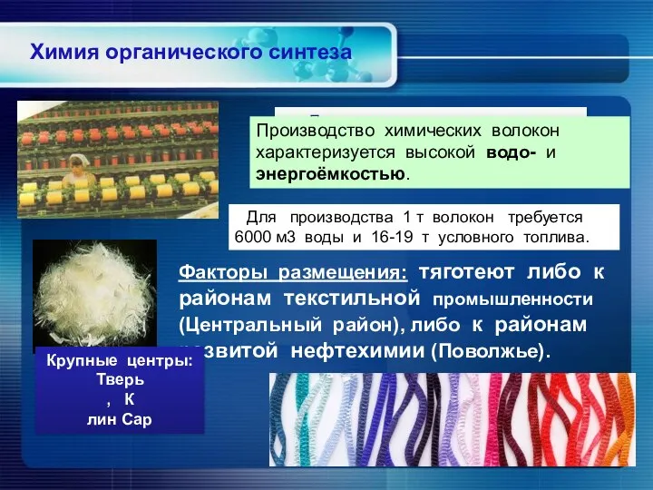 Химия органического синтеза Производство химических волокон Производство химических волокон характеризуется высокой водо-