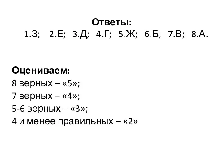 Ответы: 1.З; 2.Е; 3.Д; 4.Г; 5.Ж; 6.Б; 7.В; 8.А. Оцениваем: 8 верных