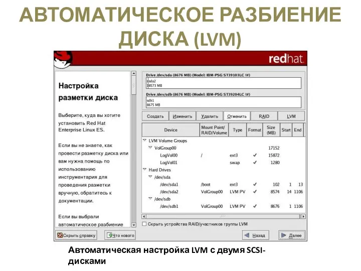 АВТОМАТИЧЕСКОЕ РАЗБИЕНИЕ ДИСКА (LVM) Автоматическая настройка LVM с двумя SCSI-дисками