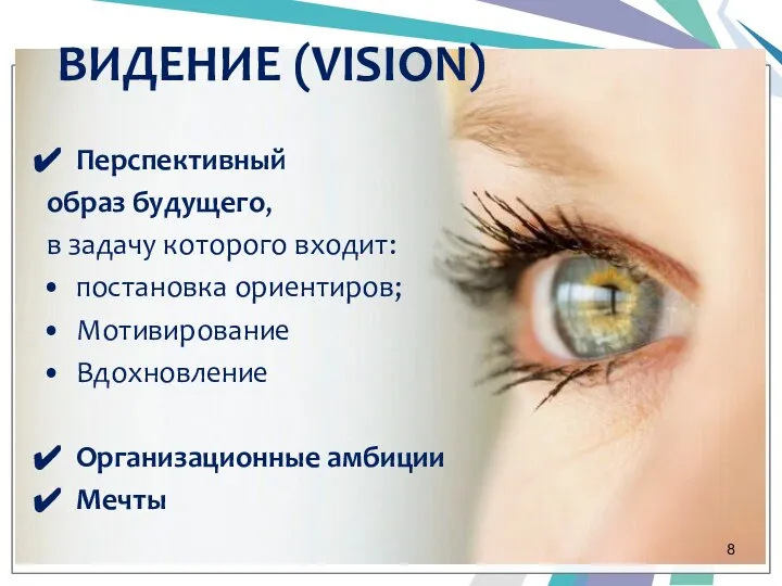 ВИДЕНИЕ (VISION) Перспективный образ будущего, в задачу которого входит: постановка ориентиров; Мотивирование Вдохновление Организационные амбиции Мечты