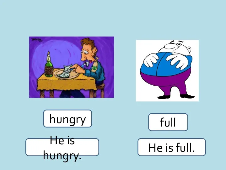 hungry full He is hungry. He is full.