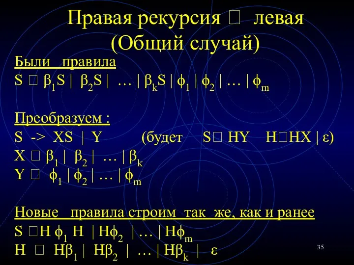 Правая рекурсия ? левая (Общий случай) Были правила S ? β1S |