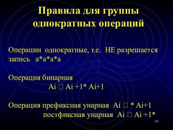 Правила для группы однократных операций Операции однократные, т.е. НЕ разрешается запись а*а*а*а