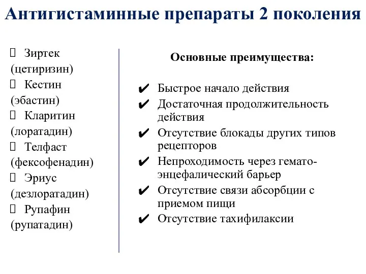 Антигистаминные препараты 2 поколения Зиртек (цетиризин) Кестин (эбастин) Кларитин (лоратадин) Телфаст (фексофенадин)