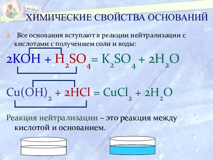 2. Все основания вступают в реакции нейтрализации с кислотами с получением соли